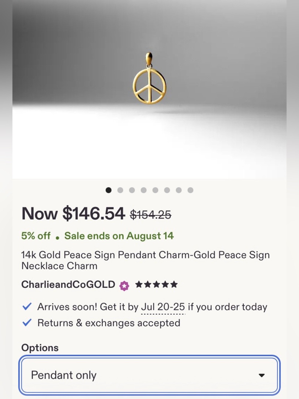 14k Gold Peace Sign Pendant - Gold